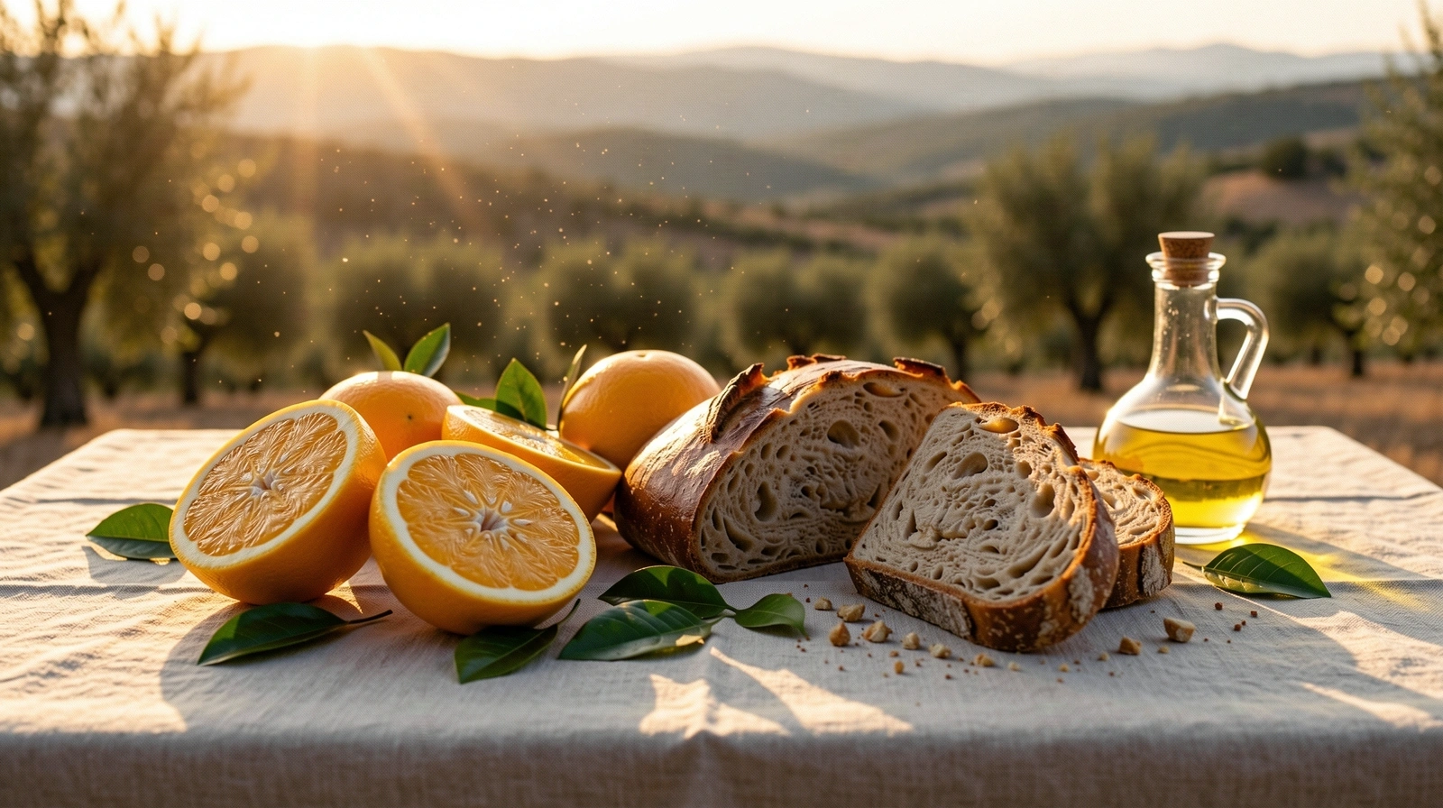 Mesa de desayuno mediterráneo iluminada por el sol